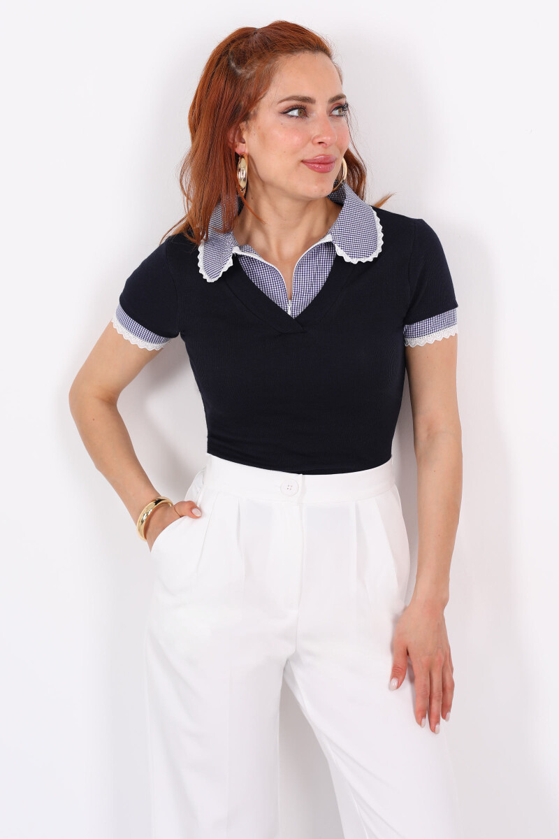 Garnili Bebe Yaka Kolları Güpür Kaşkorse Lacivert Kadın Bluz - 4