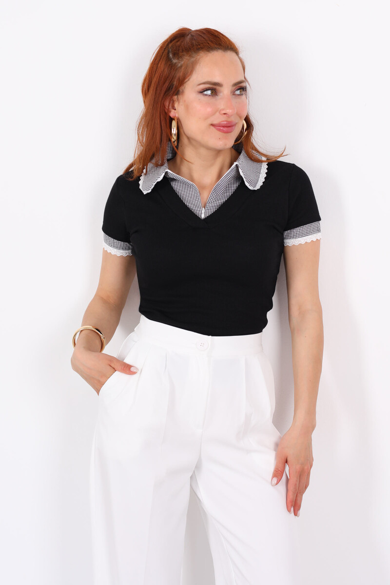 Garnili Bebe Yaka Kolları Güpür Kaşkorse Siyah Kadın Bluz - 3