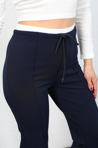 Garnili Beli Bağcıklı Lacivert Kadın Çimalı Pantolon - 3