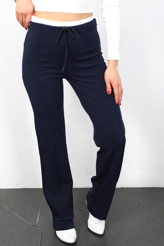 Garnili Beli Bağcıklı Lacivert Kadın Çimalı Pantolon - Berox (1)