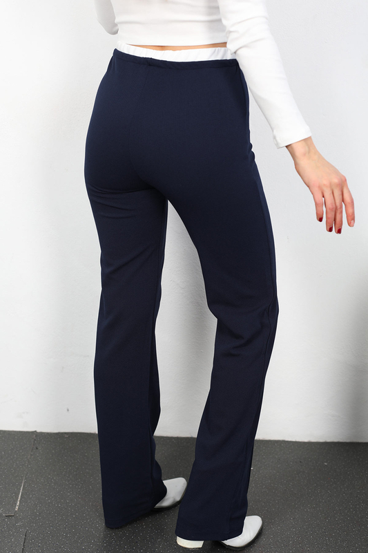 Garnili Beli Bağcıklı Lacivert Kadın Çimalı Pantolon - 4