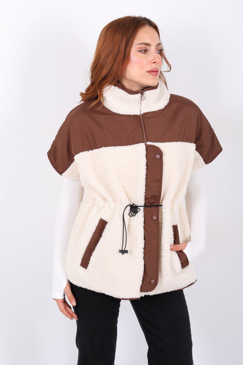 Garnili Beli Lastikli Krem Kadın Peluş Yelek - Berox