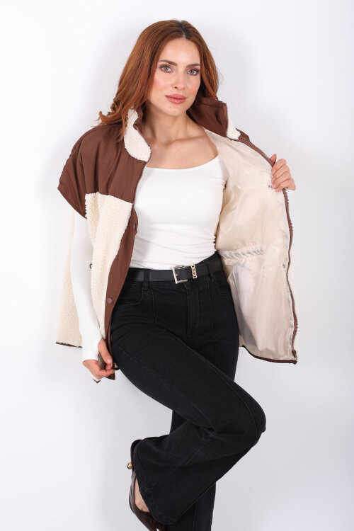 Garnili Beli Lastikli Krem Kadın Peluş Yelek - Berox (1)