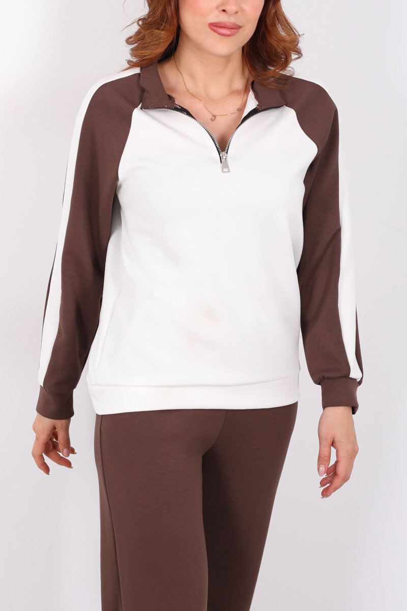 Garnili Dik Yaka Fermuarlı Kahverengi Kadın Modal Takım - 2