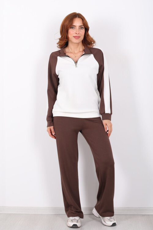 Garnili Dik Yaka Fermuarlı Kahverengi Kadın Modal Takım - 3