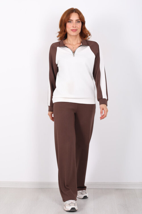 Garnili Dik Yaka Fermuarlı Kahverengi Kadın Modal Takım - 5