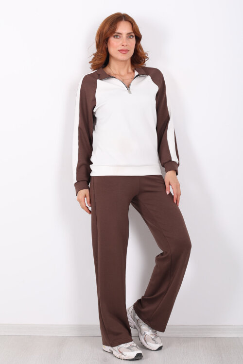 Garnili Dik Yaka Fermuarlı Kahverengi Kadın Modal Takım - 7