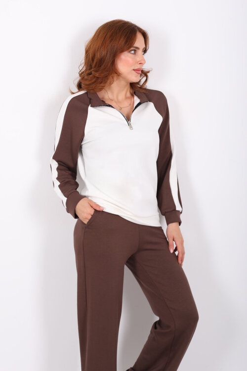 Garnili Dik Yaka Fermuarlı Kahverengi Kadın Modal Takım - Berox