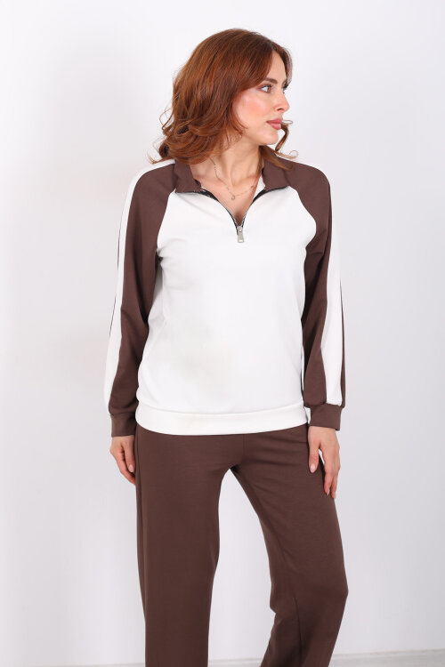 Garnili Dik Yaka Fermuarlı Kahverengi Kadın Modal Takım - 4