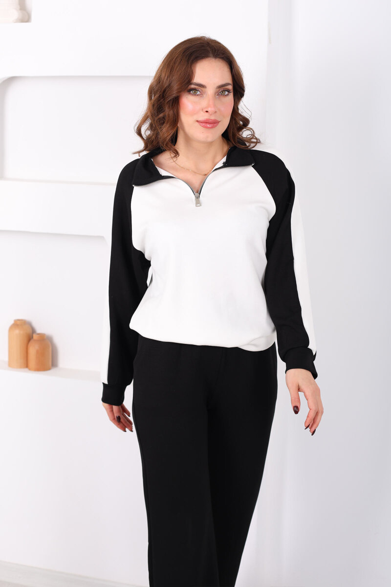 Garnili Dik Yaka Fermuarlı Siyah Kadın Modal Takım - 4