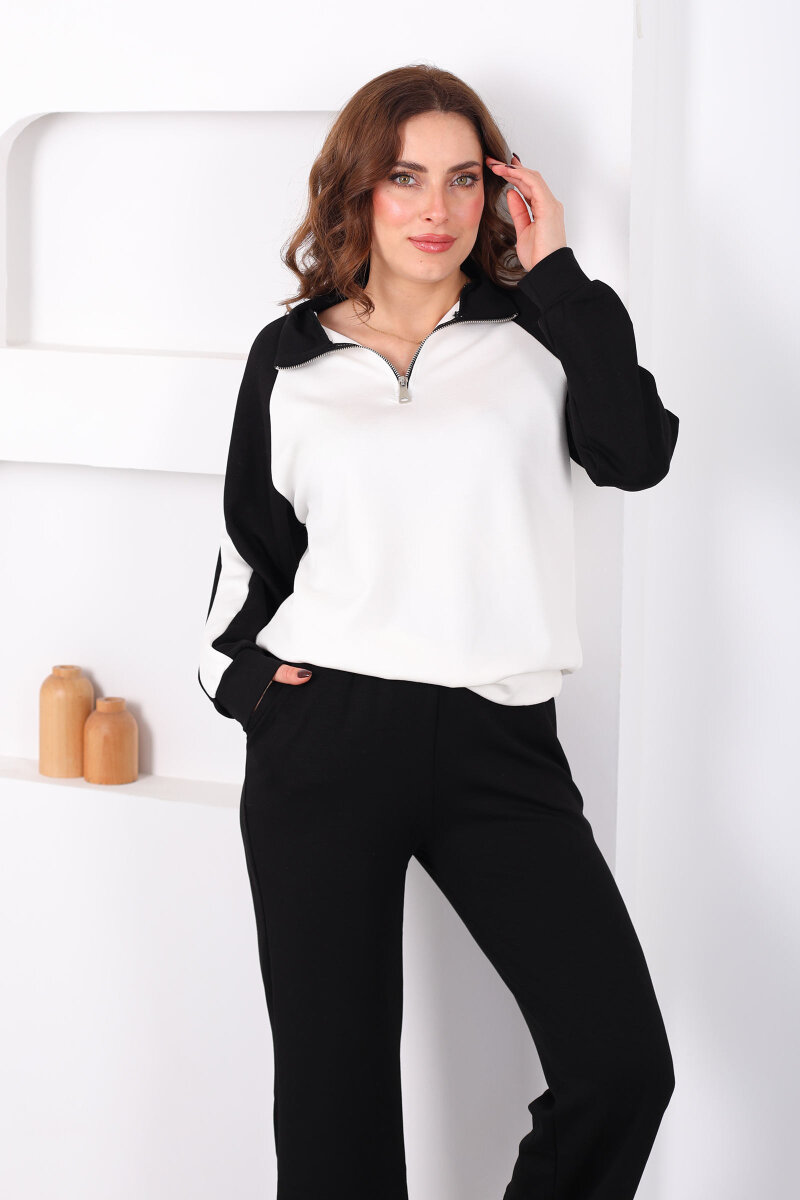 Garnili Dik Yaka Fermuarlı Siyah Kadın Modal Takım - 1