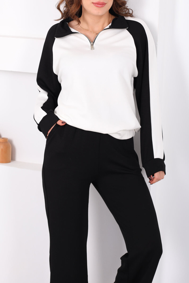 Garnili Dik Yaka Fermuarlı Siyah Kadın Modal Takım - 2