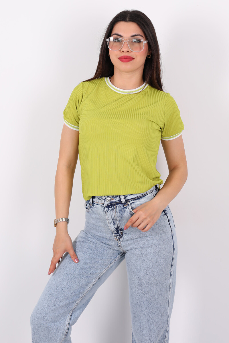 Bisiklet Yaka Garnili Fıstık Yeşili Kadın Fitilli T-Shirt - 1