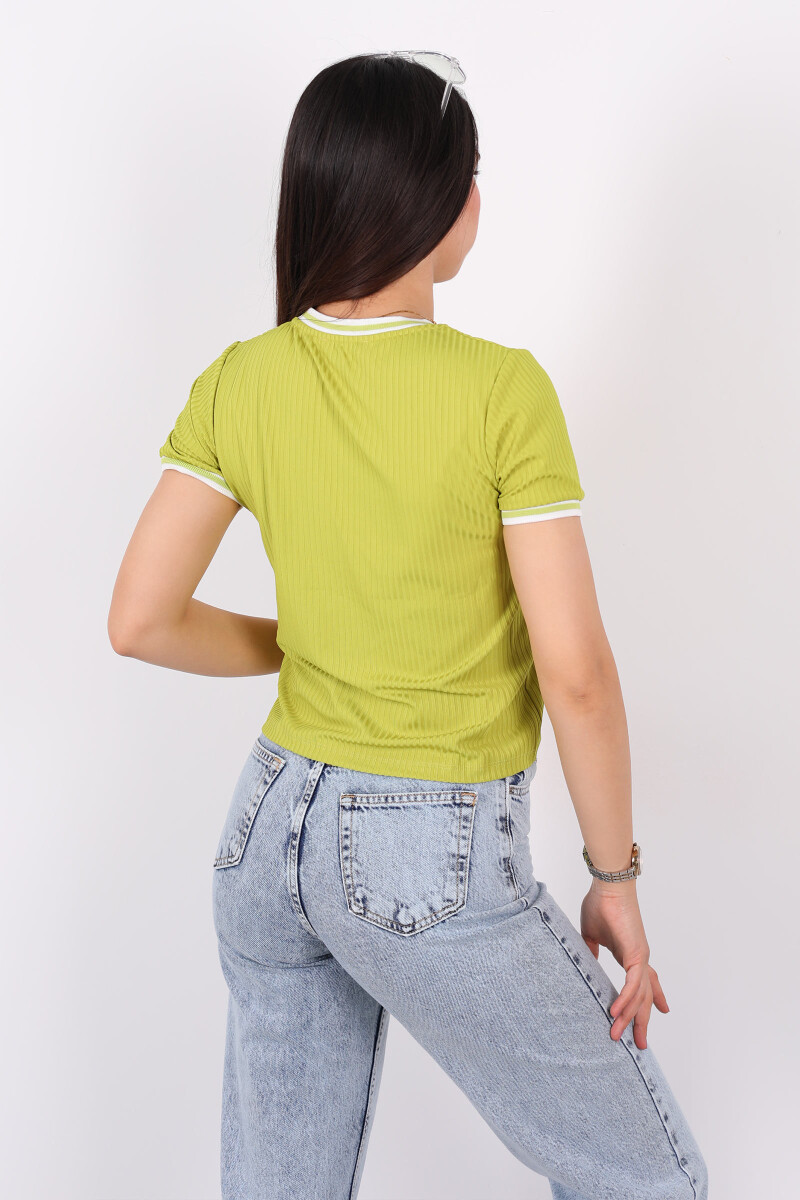 Bisiklet Yaka Garnili Fıstık Yeşili Kadın Fitilli T-Shirt - 2