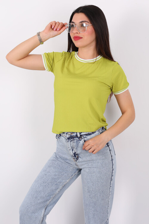 Bisiklet Yaka Garnili Fıstık Yeşili Kadın Fitilli T-Shirt - 4