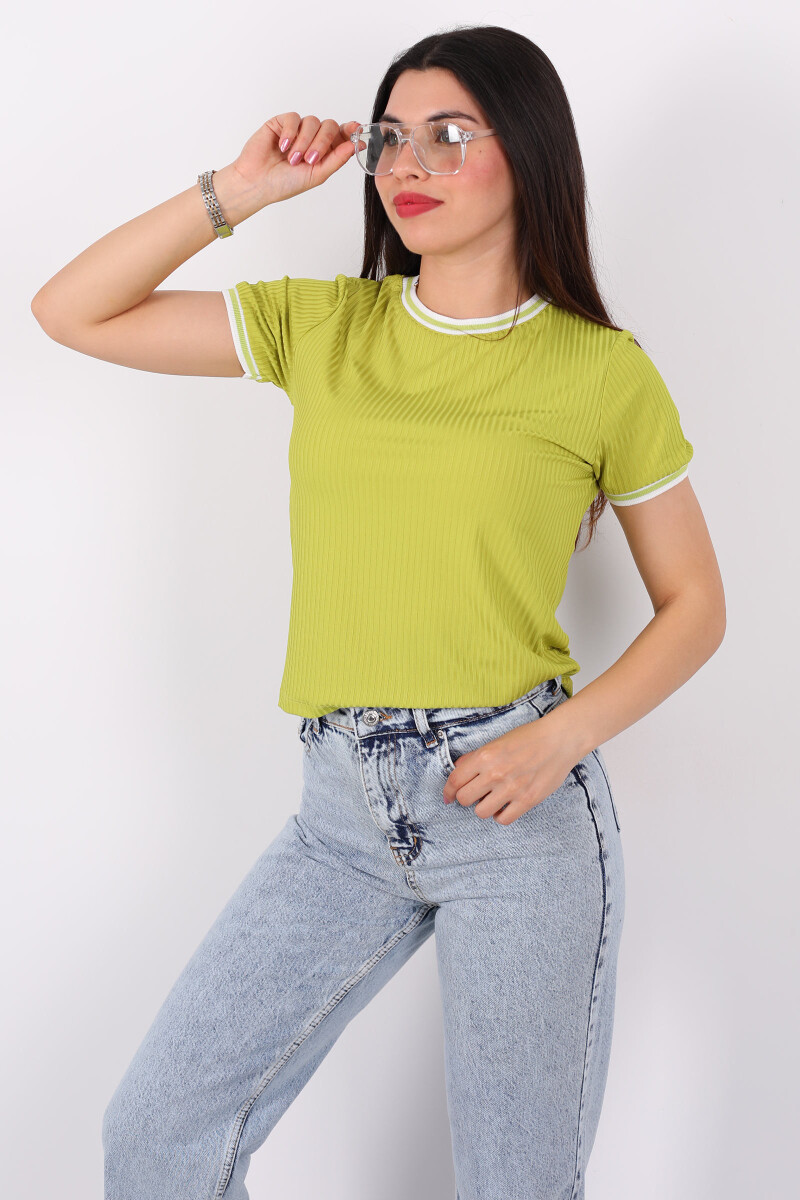 Bisiklet Yaka Garnili Fıstık Yeşili Kadın Fitilli T-Shirt - 4