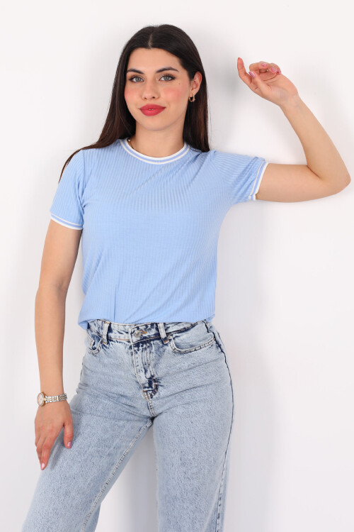 Bisiklet Yaka Garnili Bebe Mavisi Kadın Fitilli T-Shirt 
