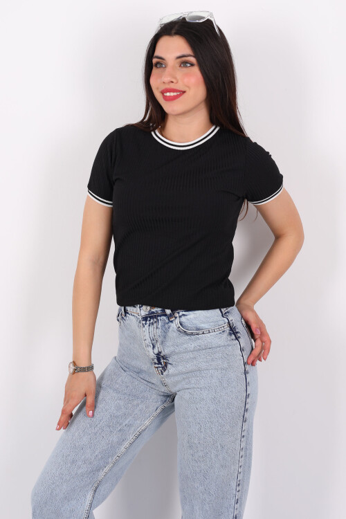Bisiklet Yaka Garnili Siyah Kadın Fitilli T-Shirt 