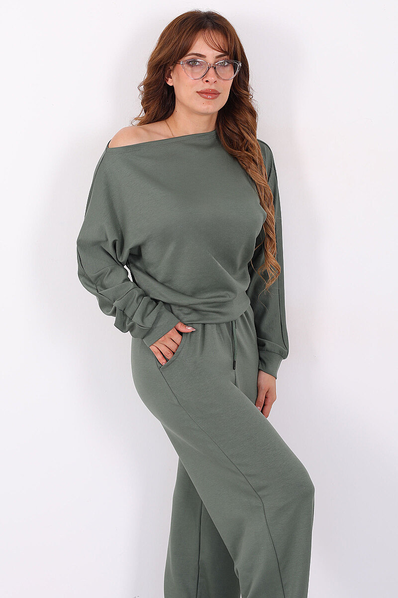 Geniş Yaka Beli Lastikli Haki Kadın Pantolon Takım - 4