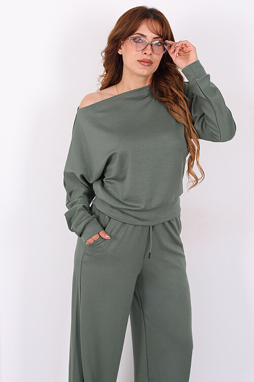 Geniş Yaka Beli Lastikli Haki Kadın Pantolon Takım 