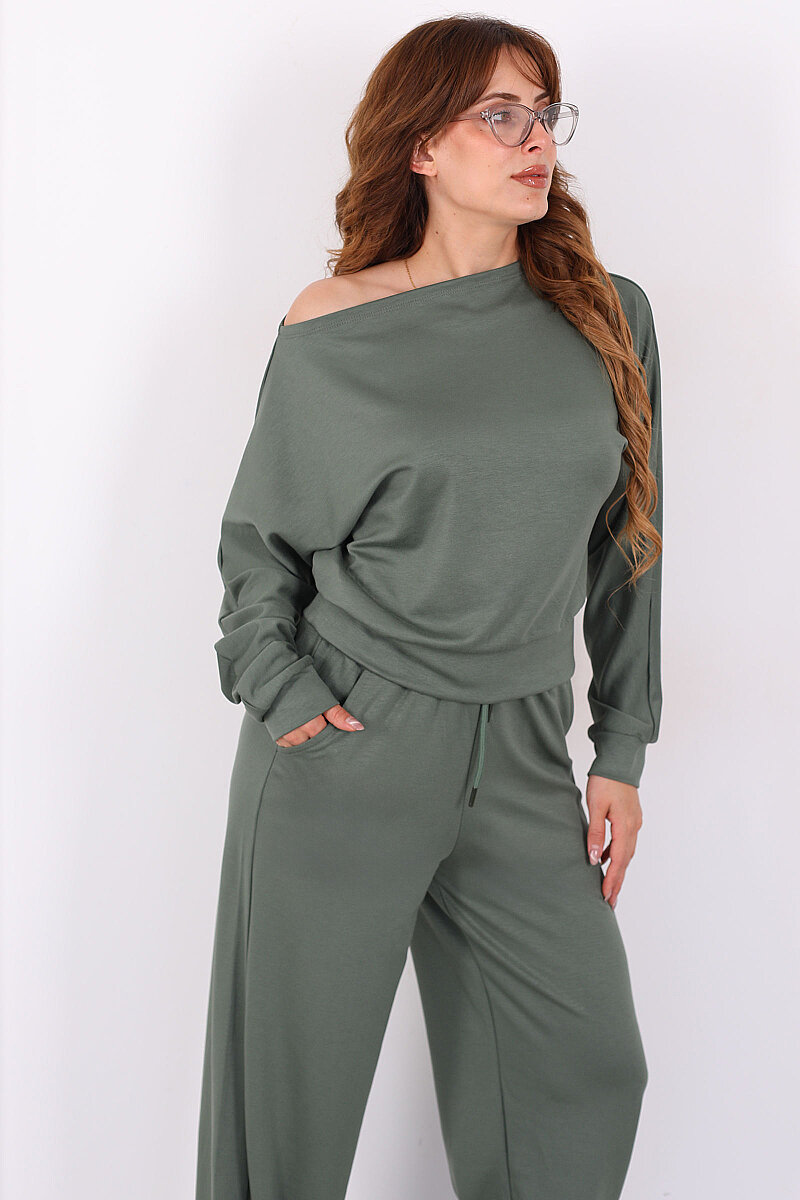 Geniş Yaka Beli Lastikli Haki Kadın Pantolon Takım - 6