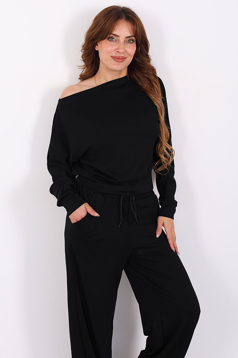 Geniş Yaka Beli Lastikli Siyah Kadın Pantolon Takım - 3