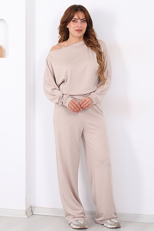 Geniş Yaka Beli Lastikli Taş Kadın Pantolon Takım - 6
