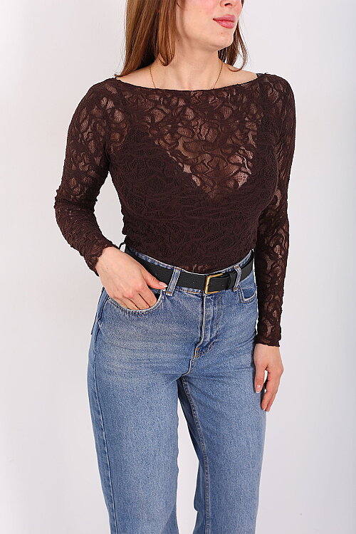 Geniş Yaka Çiçek Dantel Kahverengi Kadın Bluz - Berox (1)