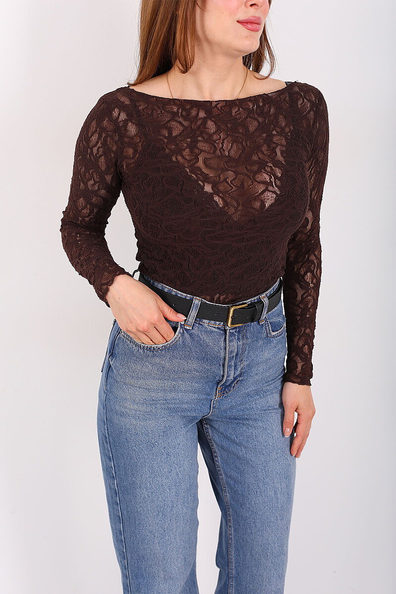 Geniş Yaka Çiçek Dantel Kahverengi Kadın Bluz - 2