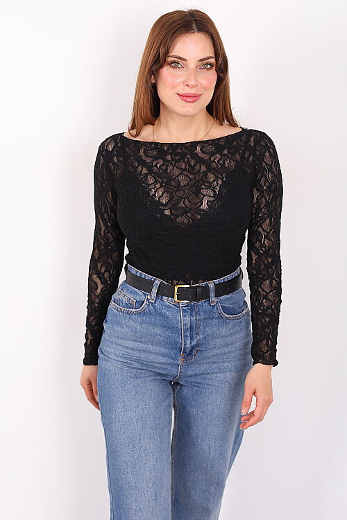 Geniş Yaka Çiçek Dantel Siyah Kadın Bluz - 4