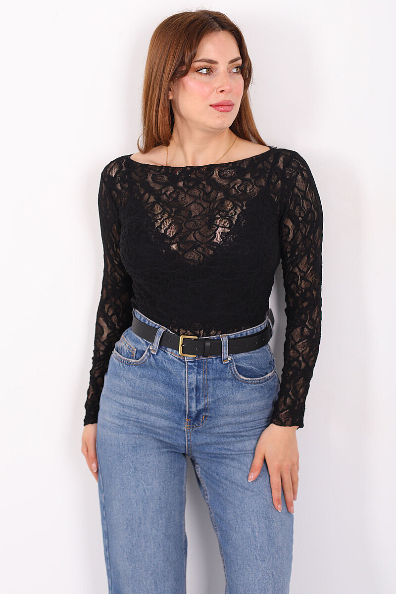 Geniş Yaka Çiçek Dantel Siyah Kadın Bluz - 6