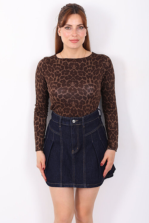 Geniş Yaka Leopar Desenli Kadın Kahverengi Bluz - 6