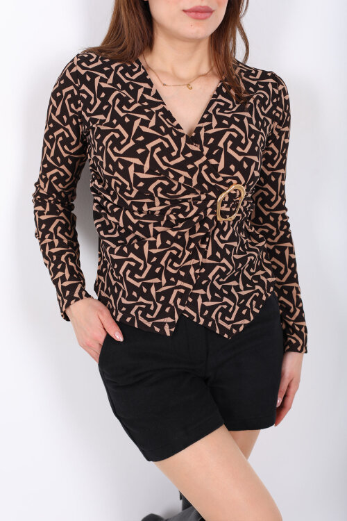 Geometrik Desenli Aksesuarlı Kadın Acı Kahve Bluz - Berox (1)