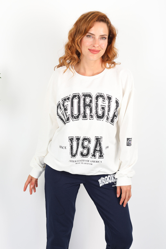 Georgia Baskılı Beyaz Kadın Oversize Sweatshirt - 1