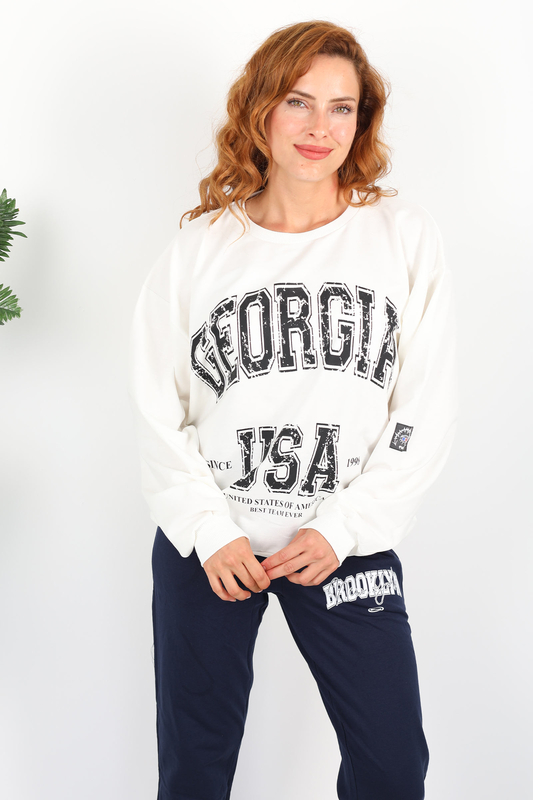Georgia Baskılı Beyaz Kadın Oversize Sweatshirt - 2