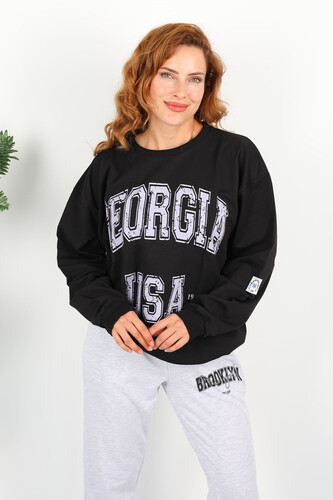 Georgia Baskılı Siyah Kadın Oversize Sweatshirt - Berox (1)