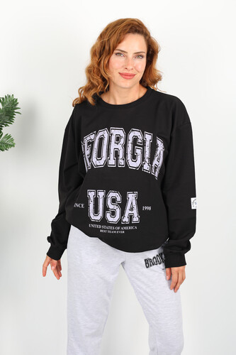 Georgia Baskılı Siyah Kadın Oversize Sweatshirt - Berox