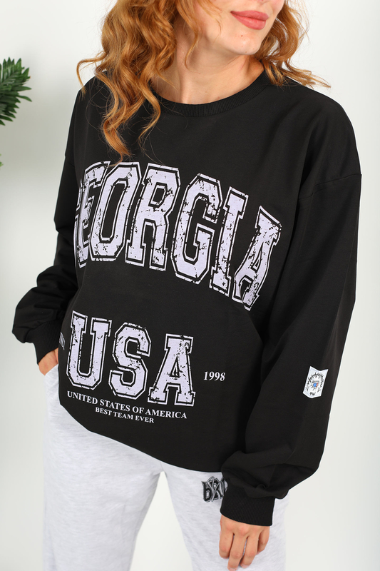 Georgia Baskılı Siyah Kadın Oversize Sweatshirt - 3