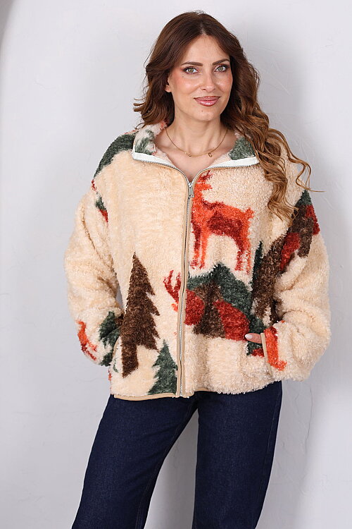 Geyik Desenli Bej Kadın Oversize Peluş Ceket - Berox