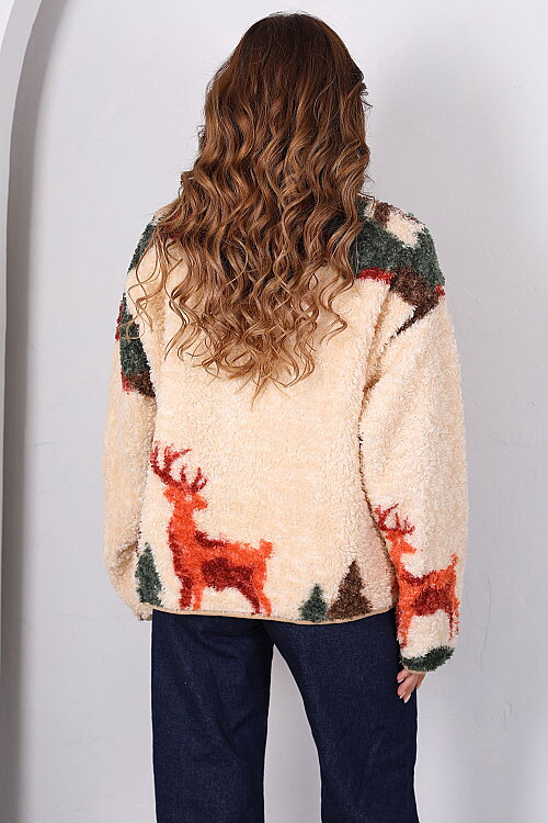 Geyik Desenli Bej Kadın Oversize Peluş Ceket - 5