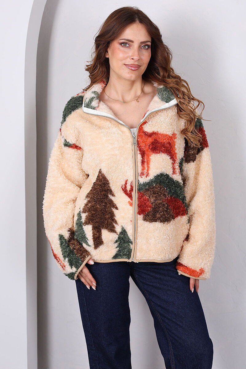 Geyik Desenli Bej Kadın Oversize Peluş Ceket - 4