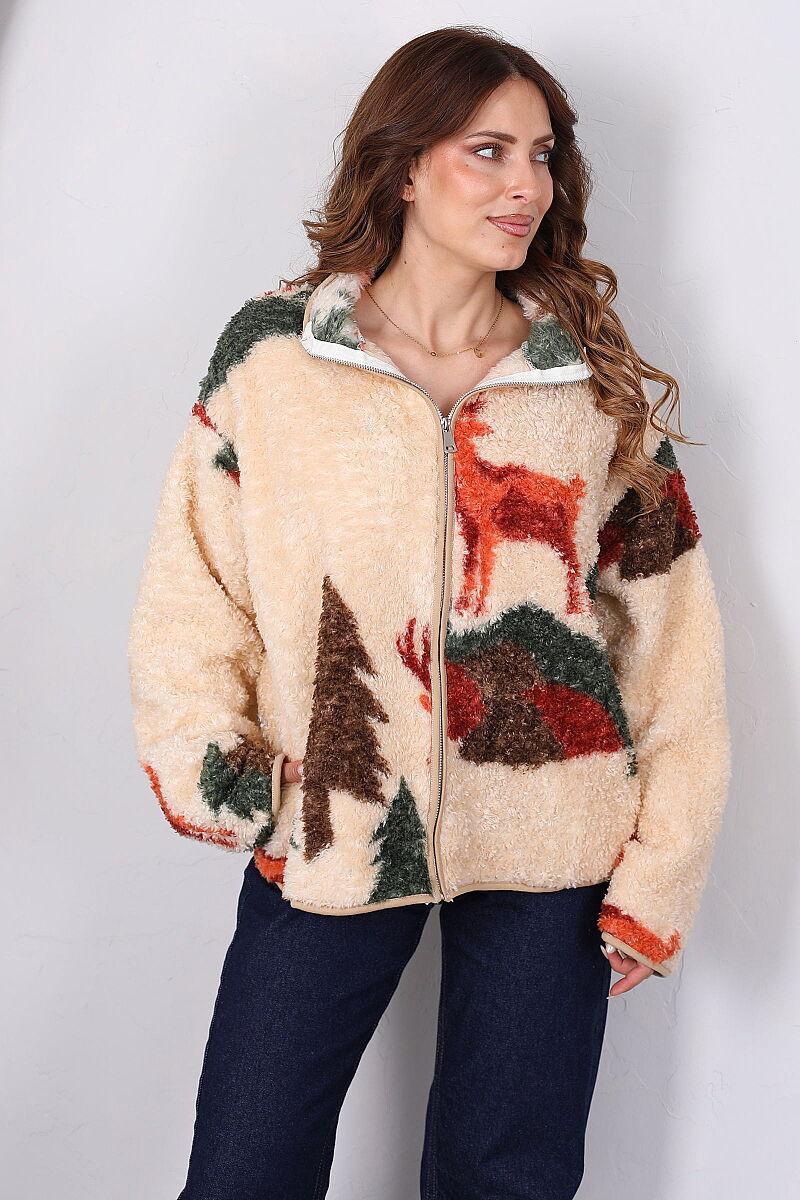 Geyik Desenli Bej Kadın Oversize Peluş Ceket - 3