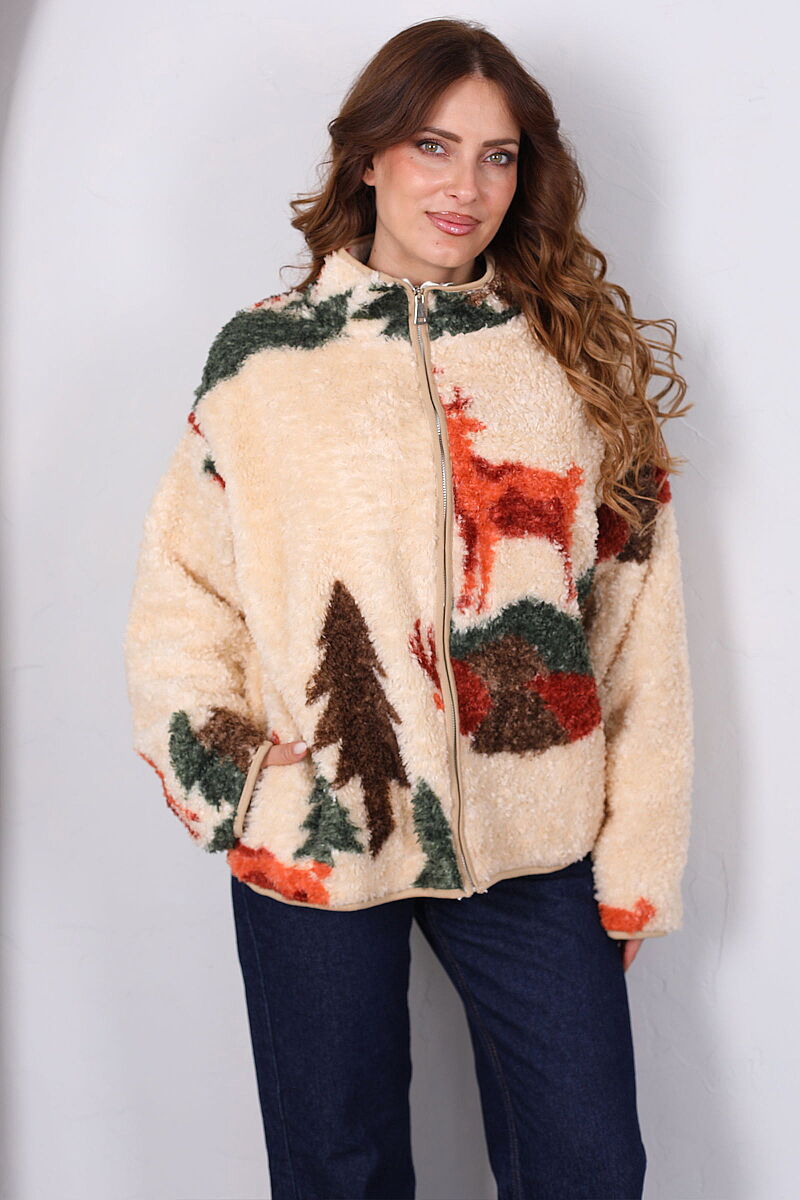 Geyik Desenli Bej Kadın Oversize Peluş Ceket - 6
