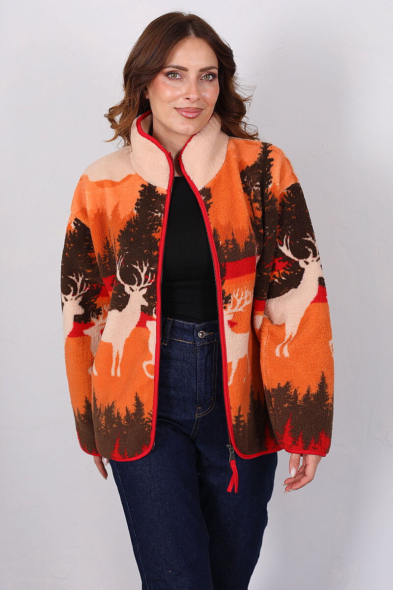 Geyik Desenli Oversize Turuncu Kadın Peluş Ceket - 6