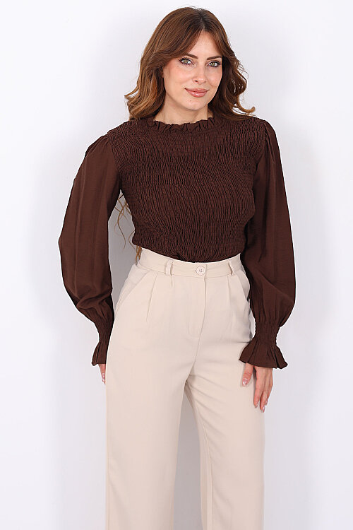Gipeli Uzun Kol Acı Kahve Kadın Peplum Bluz - 5