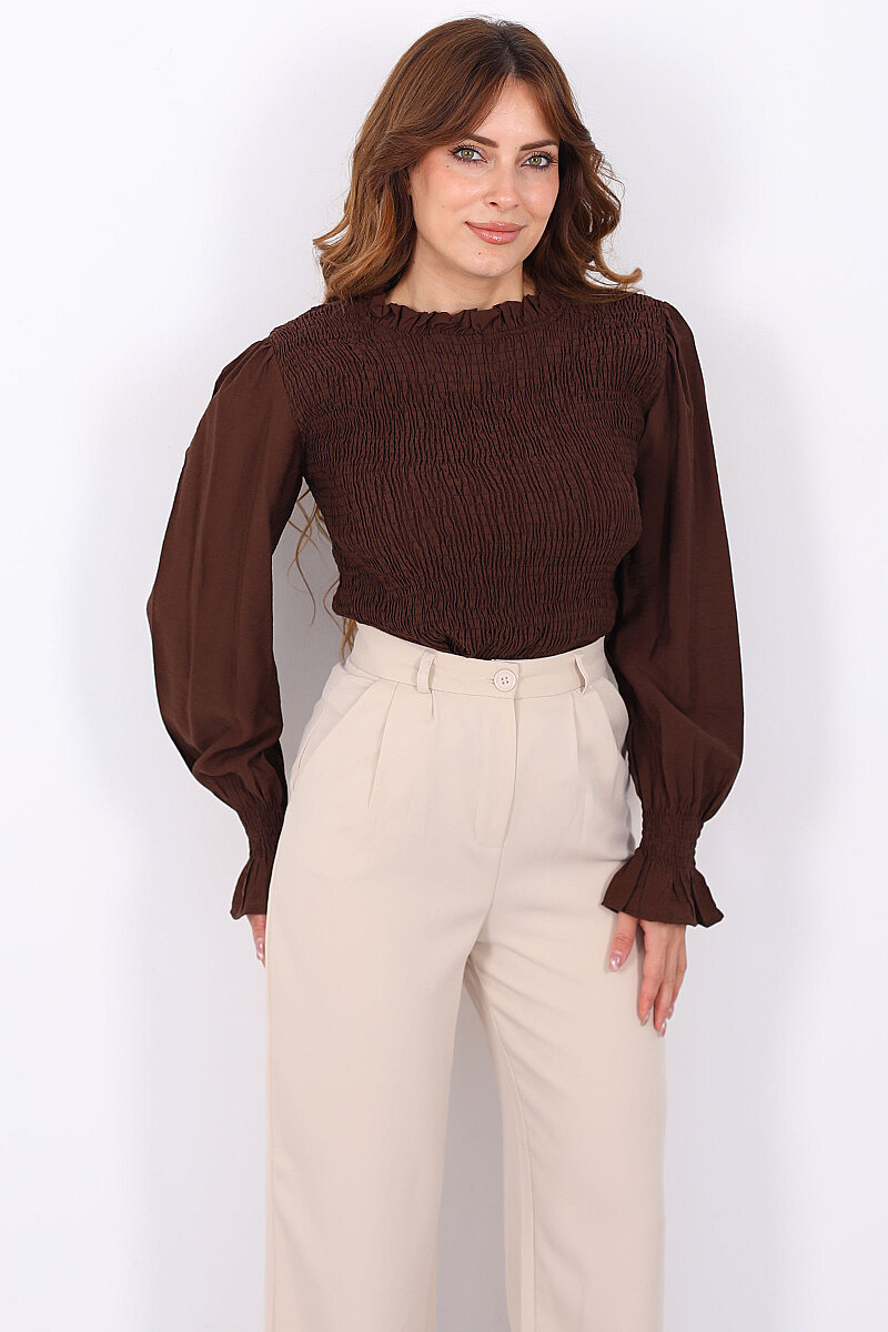 Gipeli Uzun Kol Acı Kahve Kadın Peplum Bluz - 5