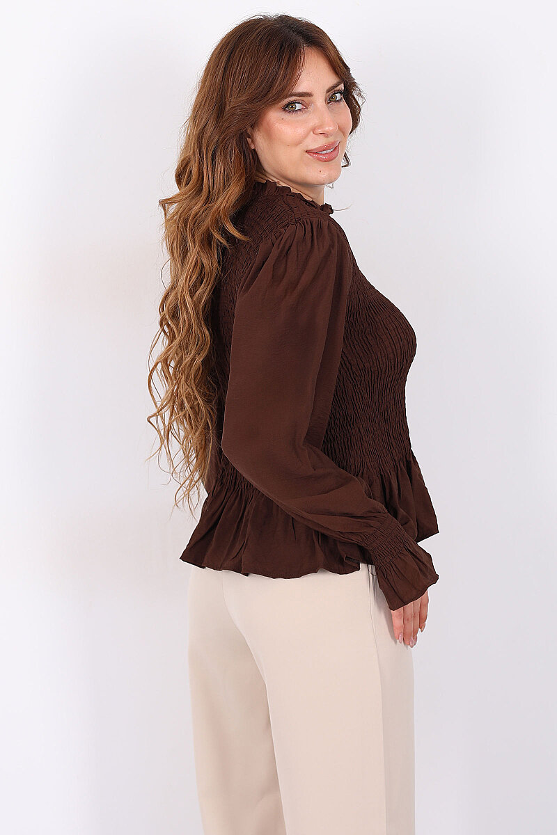 Gipeli Uzun Kol Acı Kahve Kadın Peplum Bluz - 4