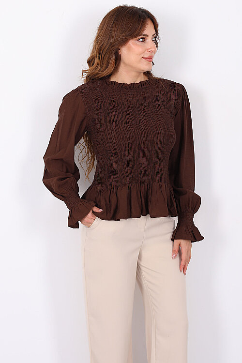 Gipeli Uzun Kol Acı Kahve Kadın Peplum Bluz - 3