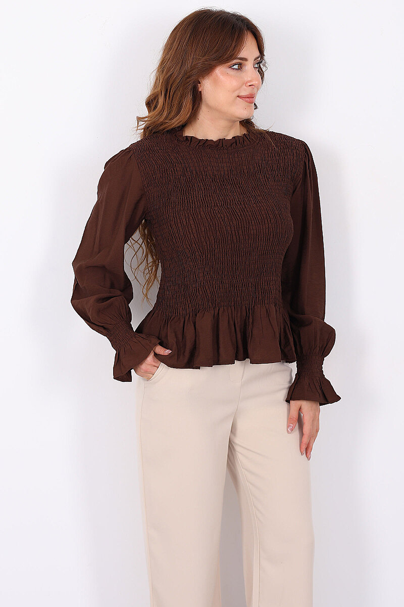 Gipeli Uzun Kol Acı Kahve Kadın Peplum Bluz - 3