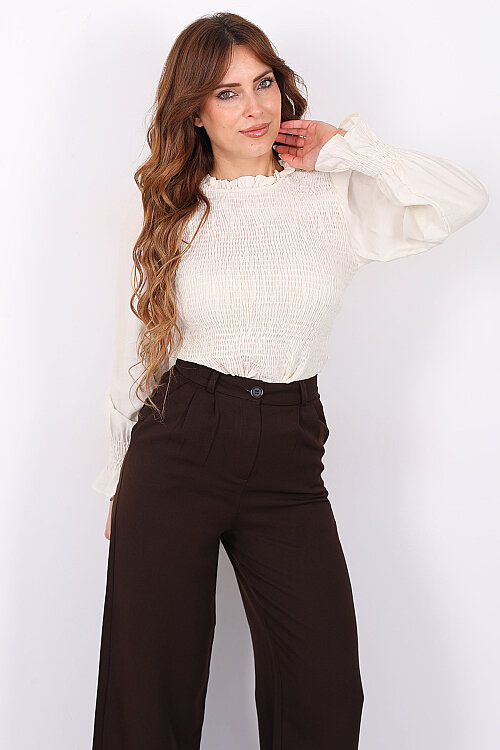 Gipeli Uzun Kol Krem Kadın Peplum Bluz - Berox